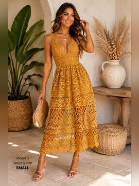 Choies Mustard Yellow Lace Crochet Maxi Dress Size Small Boho Festival V Neck